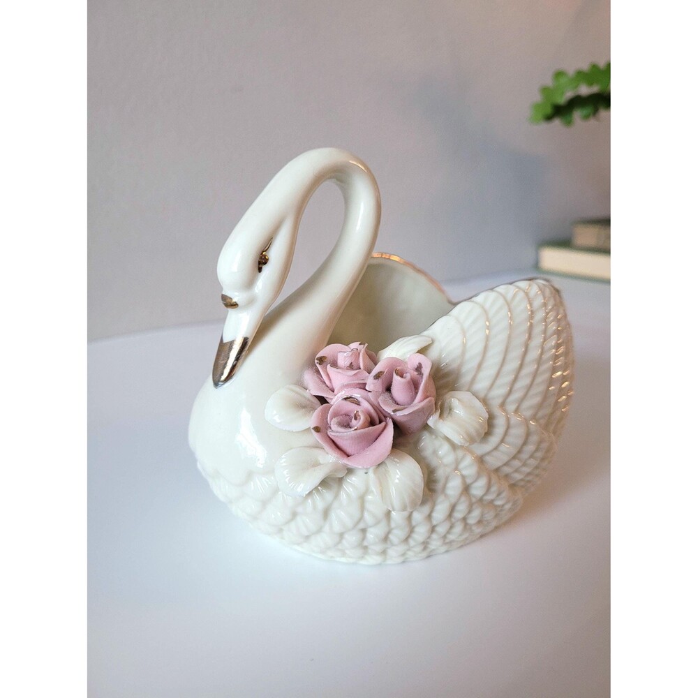 Vintage Ceramic Swan Planter Vase with Pink Rises Gold Trim Trinket Dish